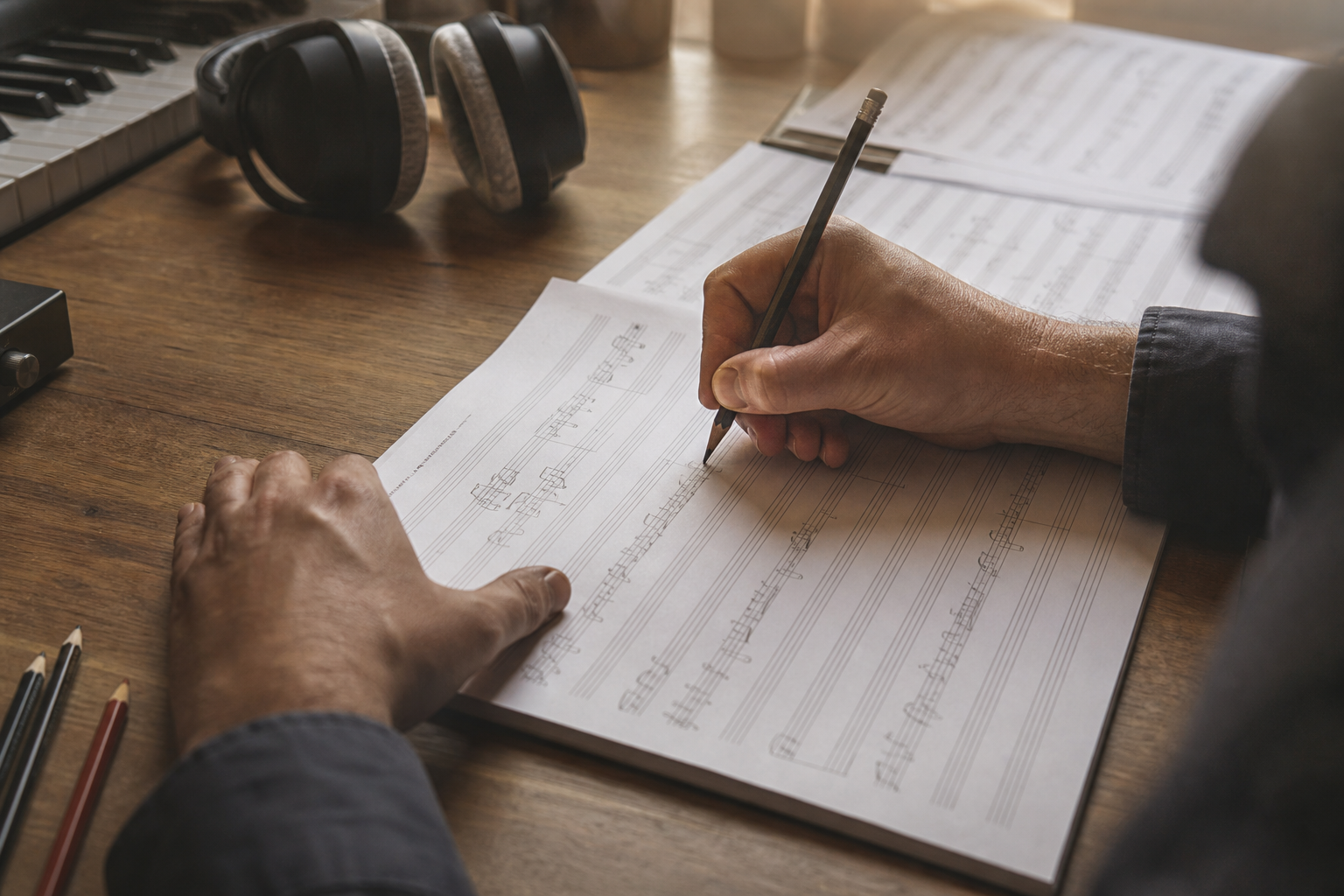 Arrangiatore musicale scrive a mano una trascrizione su carta pentagrammata