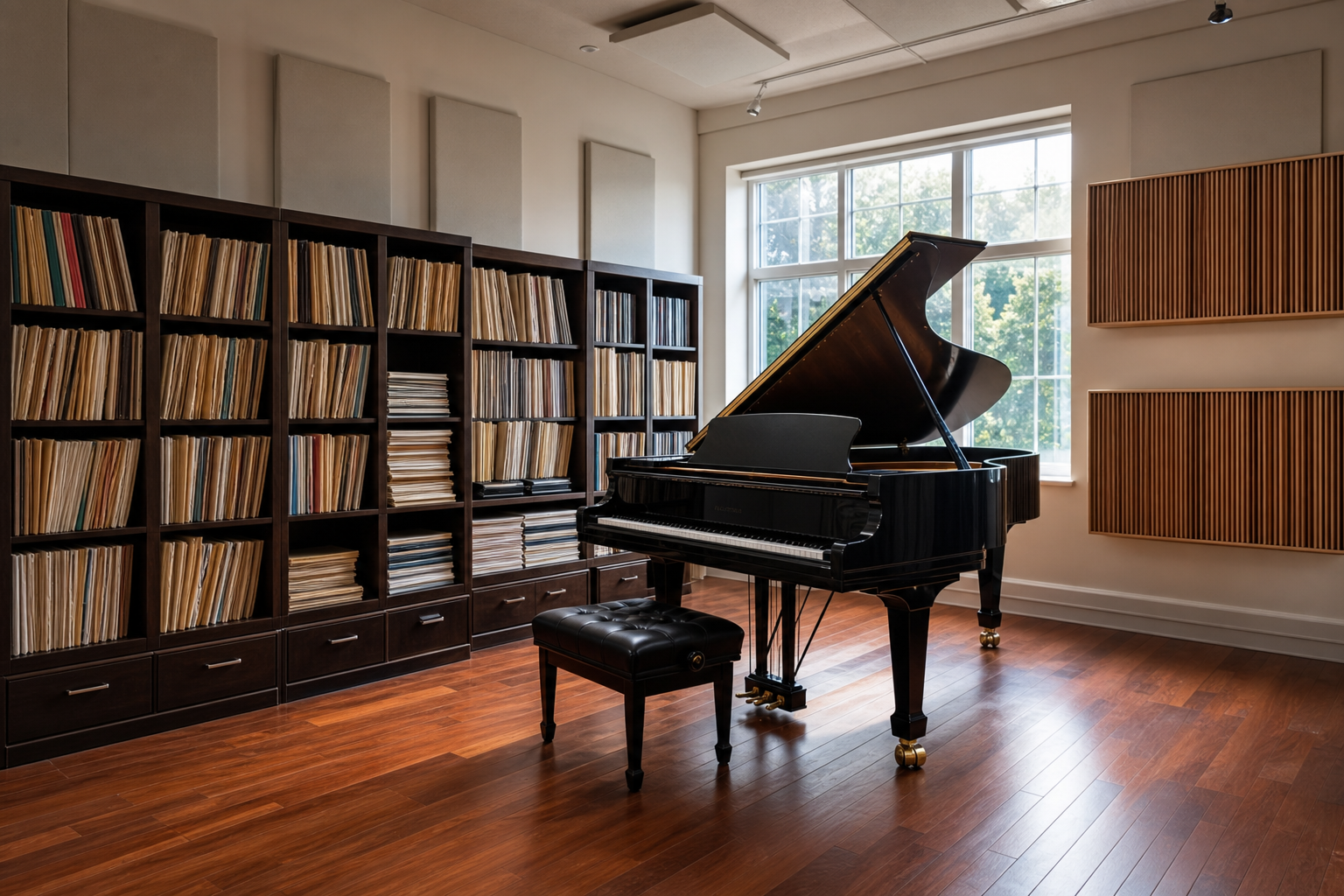Studio con pianoforte e scaffali di spartiti